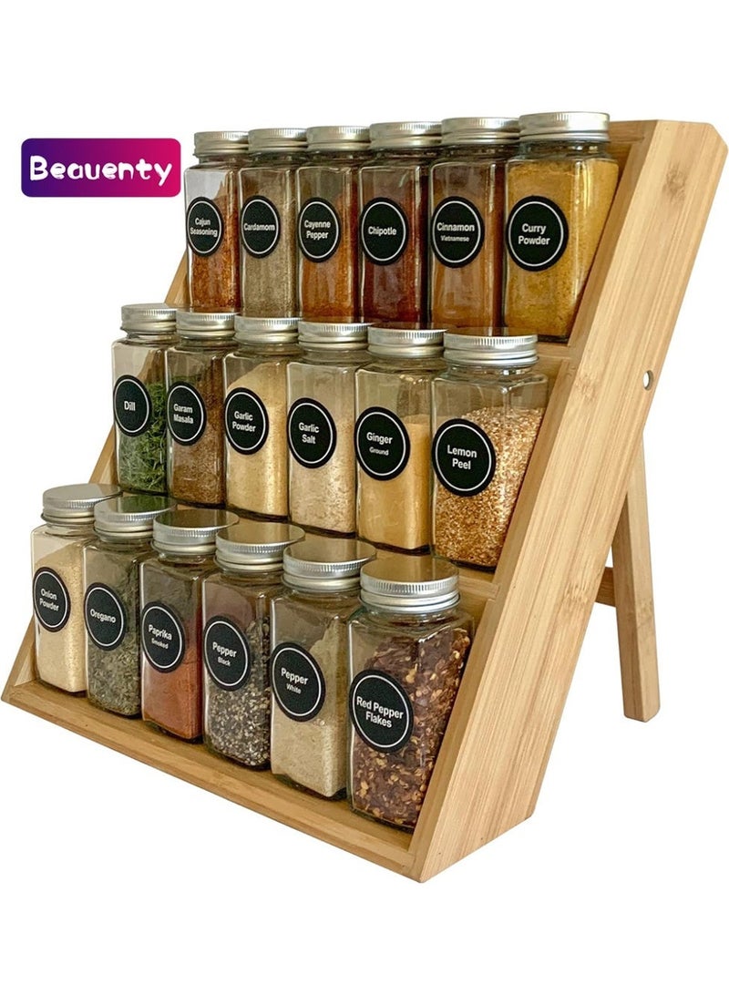 بيوينتي حامل وأدراج التوابل ثلاثي الطبقات، رف توابل خشبي ممتاز بتصميم متدرج للخزائن والأدراج وطاولات المطبخ [لا يتضمن أوعية التوابل] - Image 1